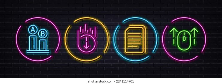 Copy files, Scroll down and Ab testing minimal line icons. Neon laser 3d lights. Swipe up icons. For web, application, printing. Copying documents, Swipe screen, Test chart. Scrolling page. Vector