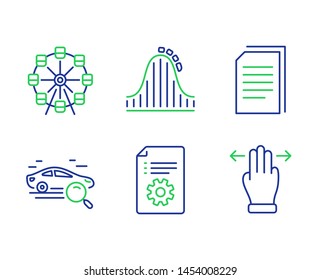 Copy files, Technical documentation and Ferris wheel line icons set. Search car, Roller coaster and Multitasking gesture signs. Copying documents, Manual, Attraction park. Find transport. Vector