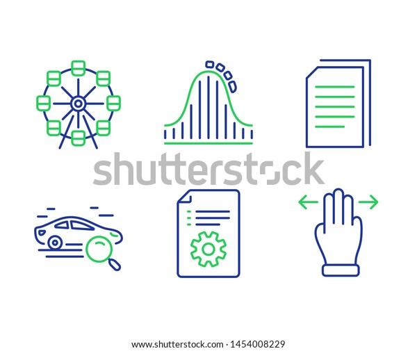 Copy files, Technical documentation and Ferris\
wheel line icons set. Search car, Roller coaster and Multitasking\
gesture signs. Copying documents, Manual, Attraction park. Find\
transport. Vector