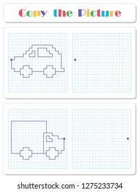 Copy the graphic picture. Draw car and truck with lines. Worksheet for kids