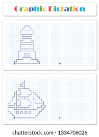 Copy the graphic picture. Draw lighthouse and sailboat. Worksheet for kids