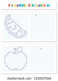 Copy the graphic picture. Draw piece of watermelon and apple. Worksheet for kids