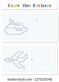 Copy the graphic picture. Draw steamer and aircraft with lines. Worksheet for kids