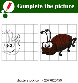 Copy the grid game, complete the educational game for kids. Printable kids activity sheet with cute bug. Learning to draw symmetry. Cartoon vector illustration for children