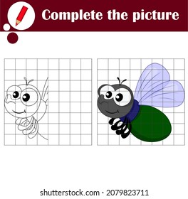 Copy the grid game, complete the educational game for kids. Printable kids activity sheet with cute fly. Learning to draw symmetry. Cartoon vector illustration for children