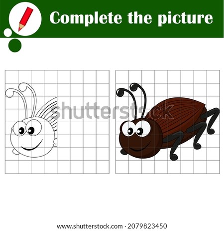 Copy the grid game, complete the educational game for kids. Printable kids activity sheet with cute bug. Learning to draw symmetry. Cartoon vector illustration for children