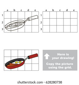 Copy the horizontal picture using grid lines, the simple educational game for preschool children education with easy gaming level, the kid drawing game with Frying Pan with Meal