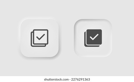 Copy icon with check mark in neumorphism style. Icons for business, white UI, UX. Share symbol. Copied file, information. Neumorphic style. 