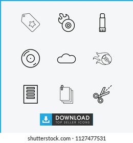 Copy icon. collection of 9 copy outline icons such as document, disc on fire, disc flame, scissors, glue pen, cloud, tag. editable copy icons for web and mobile.