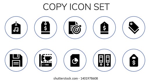 copy icon set. 10 filled copy icons.  Simple modern icons about  - Label, Diskette, Tag, 3d printing scanner, Document, Documentation, Price tag