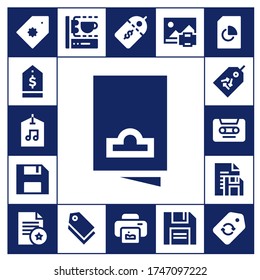 copy icon set. 17 filled copy icons.  Simple modern icons such as: Price tag, Tag, Label, Flyer, Diskette, Cassette, Document, 3d printing scanner, Price label, Print