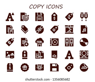 copy icon set. 30 filled copy icons.  Simple modern icons about  - Font, Document, Diskette, Price tag, Tag, Cartridge, Compact disc, Printing, Audio file, Dvd, Documentation