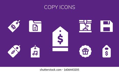 copy icon set. 9 filled copy icons. Included Tag, Label, Document, Price label, Price tag, Diskette, Sticker, Printing icons