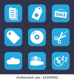 Copy icon. set of 9 filled copy icons such as paper, disc on fire, scissors, documents box, cloud, tag, sale