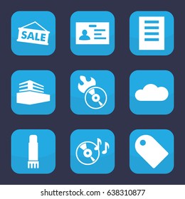 Copy icon. set of 9 filled copy icons such as badge, disc on fire, disc flame, documents box, glue pen, cloud, document, tag
