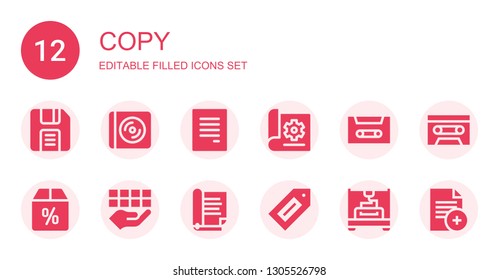 copy icon set. Collection of 12 filled copy icons included Diskette, Cd, Document, Cassette, Offer, Label, Printing