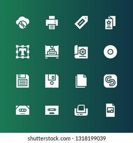 copy icon set. Collection of 16 filled copy icons included Print, Cassette, Safecopy backup, Copy, Diskette, Cd, Document, Printing, Text editor, Flyer, Label, Printing machine