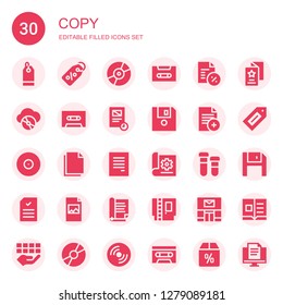 copy icon set. Collection of 30 filled copy icons included Price tag, Label, Cd, Cassette, Document, Compact disc, Diskette, Copy, Printing, Print, Cartridge, Post office, Flyer