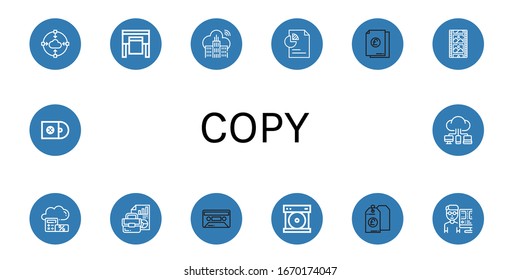 copy icon set. Collection of Cloud, Plotter, Document, Film strip, Cassette, Compact disc, Price tag, Editor, Cds icons