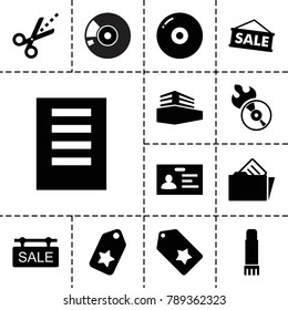Copy icons. set of 13 editable filled copy icons such as badge, tag, disc, document, sale, disc flame, scissors, documents box, document in folder, glue pen