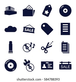 copy icons set. Set of 16 copy filled icons such as badge, paper, disc on fire, disc flame, scissors, documents box, document in folder, glue pen, cloud, sale tag, document