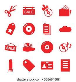 copy icons set. Set of 16 copy filled icons such as badge, paper, disc on fire, disc flame, scissors, documents box, document in folder, glue pen, cloud, sale tag, document