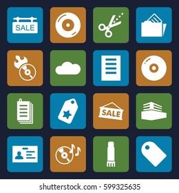 copy icons set. Set of 16 copy filled icons such as badge, paper, disc on fire, disc flame, scissors, documents box, document in folder, glue pen, cloud, sale tag, document