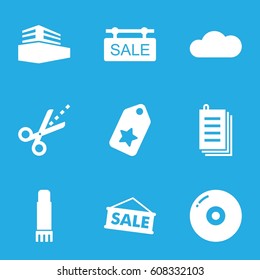 Copy icons set. set of 9 copy filled icons such as paper, scissors, documents box, glue pen, cloud, sale tag, sale, disc