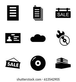 Copy icons set. set of 9 copy filled icons such as badge, paper, disc flame, documents box, cloud, sale tag, document, sale