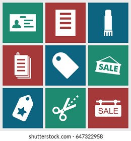 Copy icons set. set of 9 copy filled icons such as badge, paper, scissors, glue pen, sale tag, document, tag