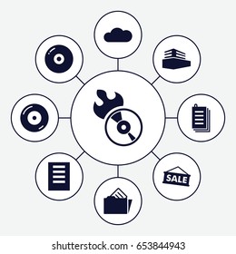 Copy icons set. set of 9 copy filled icons such as paper, disc on fire, disc flame, documents box, document in folder, cloud, document, sale