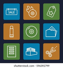 copy icons set. Set of 9 copy outline icons such as disc flame, scissors, documents box, document in folder, glue pen, sale tag, tag, disc