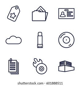 copy icons set. Set of 9 copy outline icons such as badge, paper, disc on fire, disc flame, documents box, document in folder, glue pen, cloud