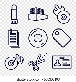 Copy icons set. set of 9 copy outline icons such as badge, paper, disc on fire, disc flame, scissors, documents box, glue pen