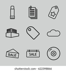 Copy icons set. set of 9 copy outline icons such as paper, documents box, glue pen, cloud, sale tag, tag, disc