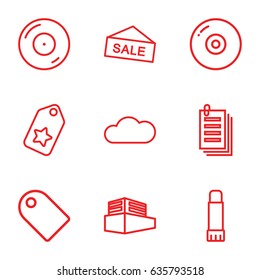 Copy icons set. set of 9 copy outline icons such as paper, disc on fire, documents box, glue pen, cloud, tag, disc