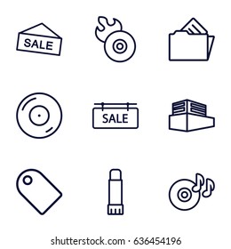 Copy icons set. set of 9 copy outline icons such as disc on fire, disc flame, documents box, document in folder, glue pen, sale tag, tag