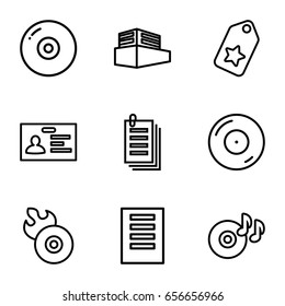 Copy icons set. set of 9 copy outline icons such as badge, paper, disc on fire, disc flame, documents box, tag, disc
