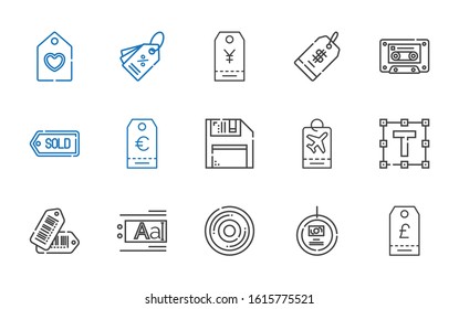 copy icons set. Collection of copy with tag, compact disc, text editor, tags, text formatting, diskette, cassette, price tag. Editable and scalable copy icons.