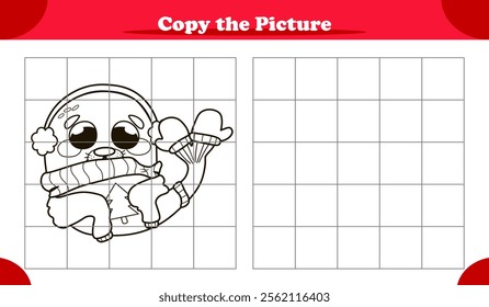 Copy the image activity game for kids with cute walrus in ugly Christmas sweater, cartoon style