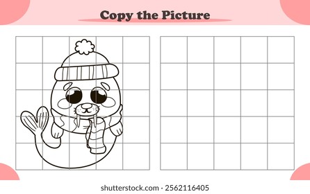 Copy the image activity game for kids with cute walrus in winter clothes, cartoon style