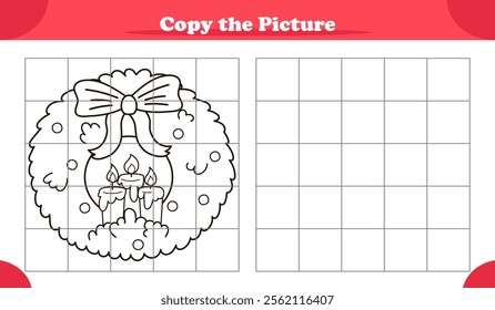 Copy the image activity game for kids with Christmas wreath in cartoon style