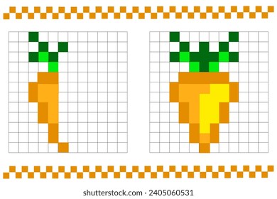 Copy the image and add the grid image. Drawing practice sheets with squares, coloring the cell areas. Educational cards for children. Pixel art.Mosaic orange carrots.