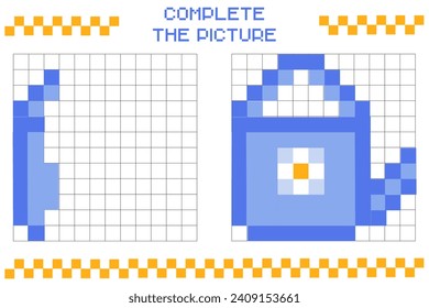 Copy the image and add the grid image. Drawing practice sheets with squares, coloring the cells. Educational cards for children. Pixel art. Mosaic for children. Blue watering can