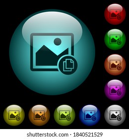 Copy image icons in color illuminated spherical glass buttons on black background. Can be used to black or dark templates