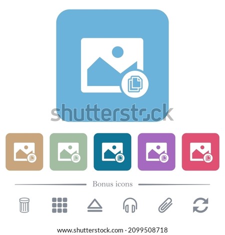 Copy image white flat icons on color rounded square backgrounds. 6 bonus icons included