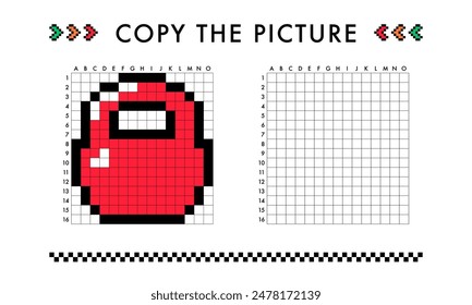 Copy the Kettlebell picture game. Drawing with squares. Educational worksheet for kids. Coloring activity for preschool and school children. Pixel art vector illustration. Printable pattern