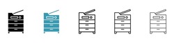 Copy Machine Vector Icon Set. Office Printer Symbol. Multifunction Photocopy Machine Sign In Black And White Color.