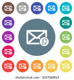 Copy mail flat white icons on round color backgrounds. 17 background color variations are included.