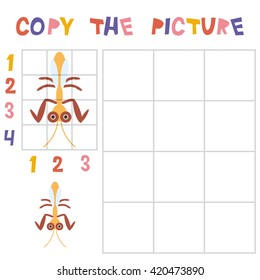 Copy the mantis picture using the grid, education game for children. Kids learning game insects isolated on white background. Vector